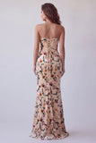 Champagne Floral Velvet Strapless Mermaid Long Holiday Dress