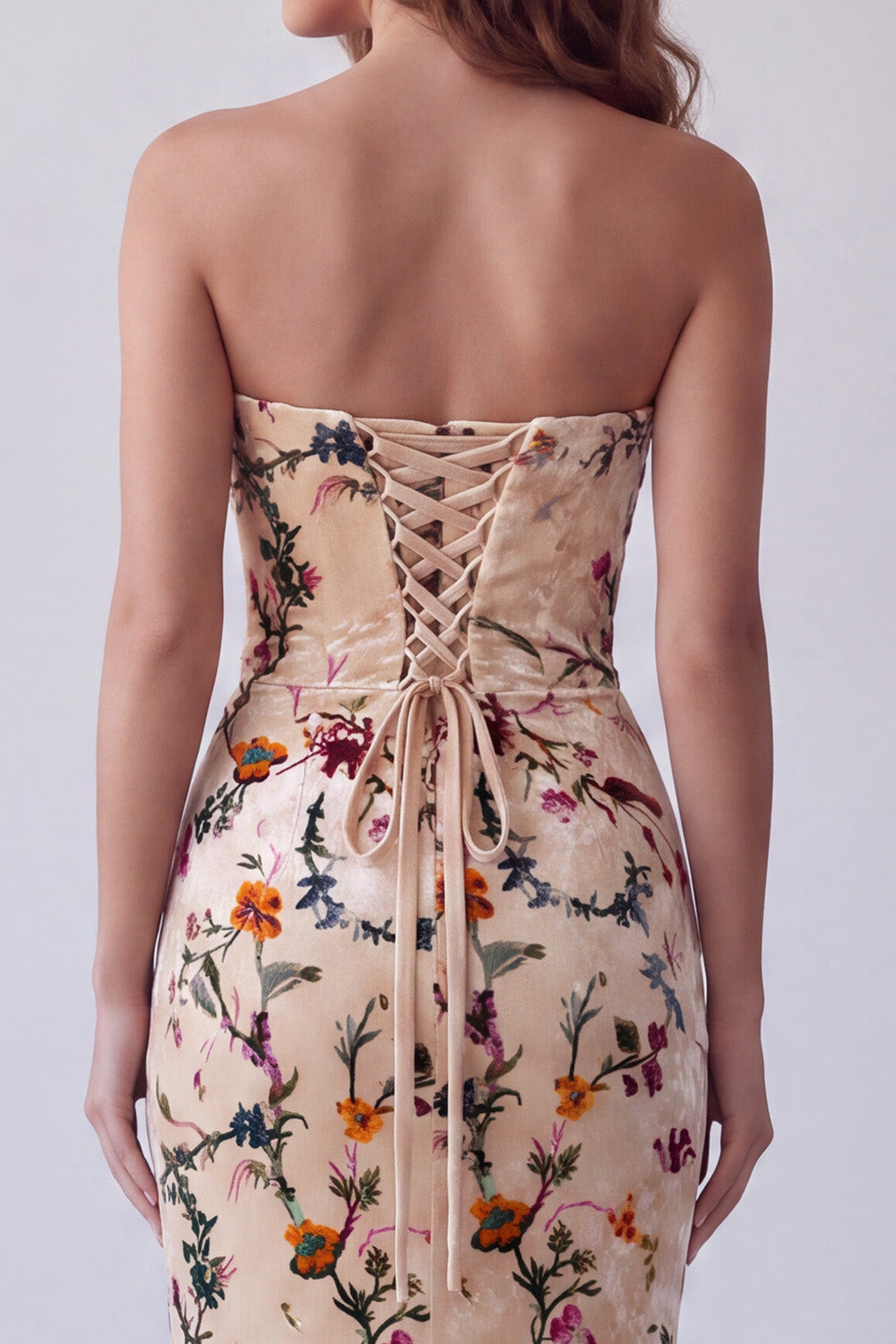 Champagne Floral Velvet Strapless Mermaid Long Holiday Dress