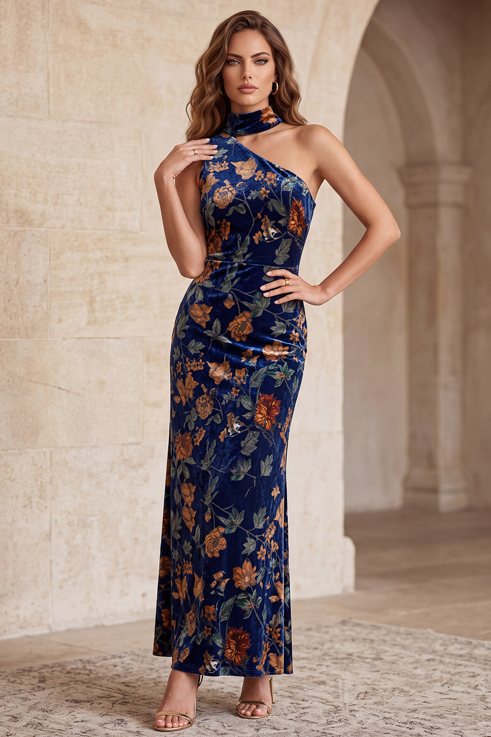 Dark Blue Mermaid One Shoulder Floral Long Velvet Holiday Dress