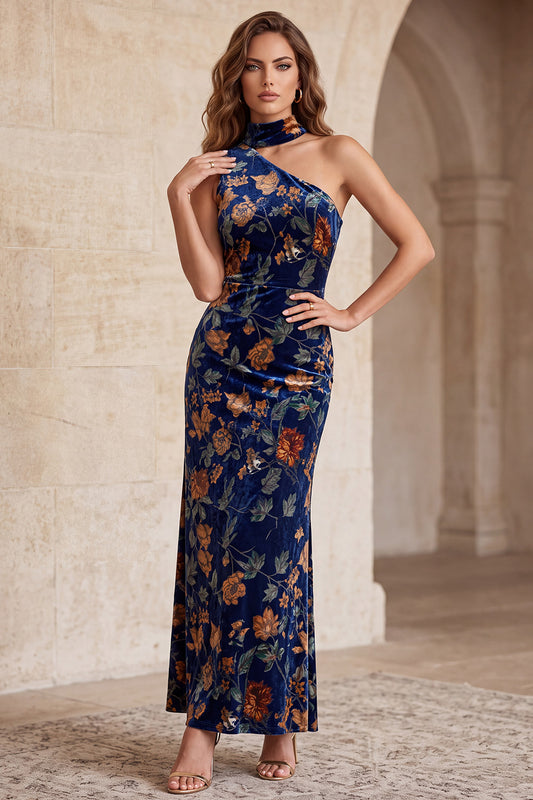 Dark Blue Mermaid One Shoulder Floral Long Velvet Holiday Dress