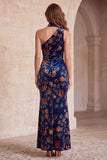 Dark Blue Mermaid One Shoulder Floral Long Velvet Holiday Dress