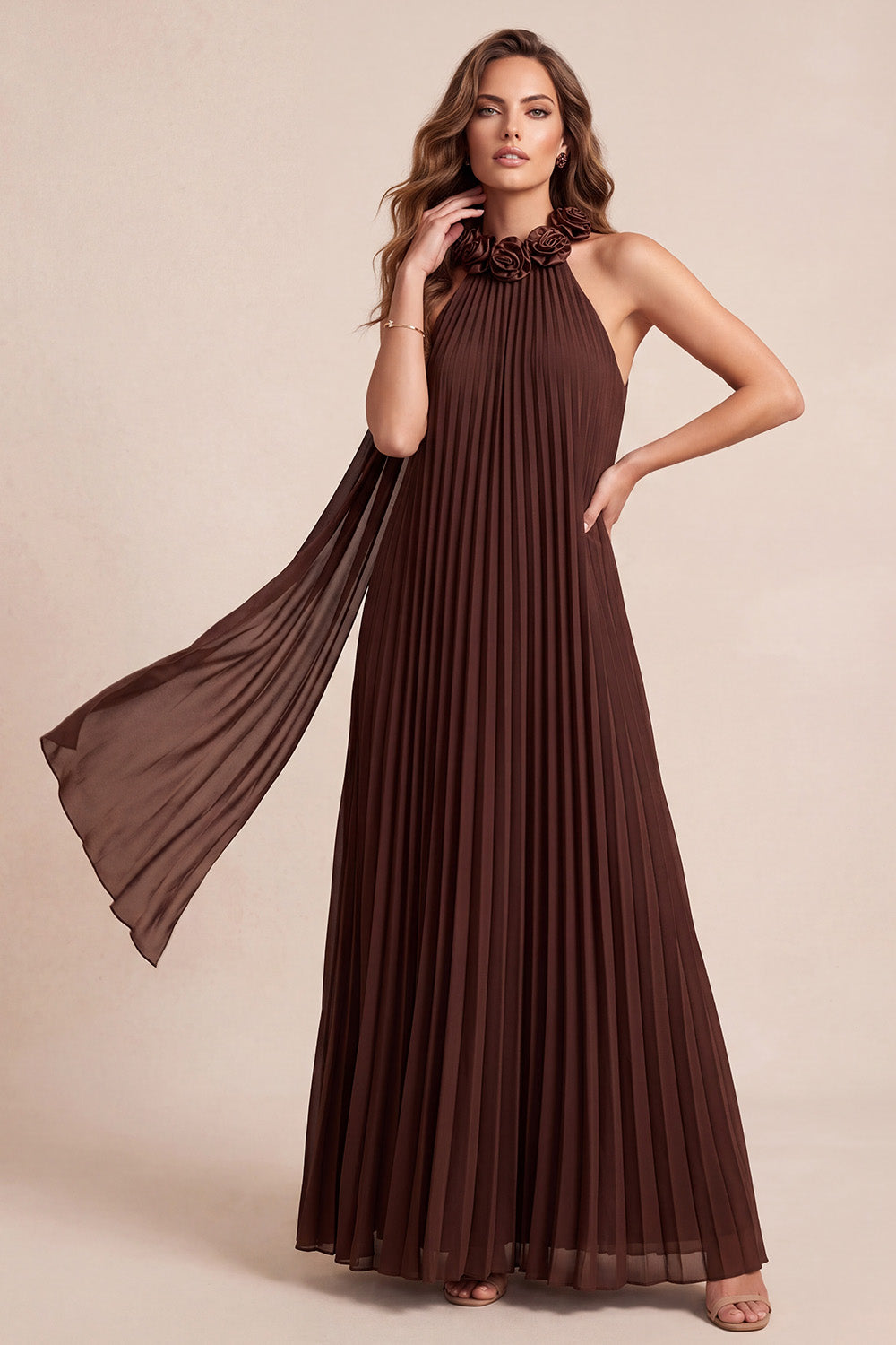 Chocolates Halter Pleated Long Chiffon Formal Dress with 3D Flowers