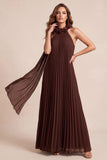 Chocolates Halter Pleated Long Chiffon Formal Dress with 3D Flowers