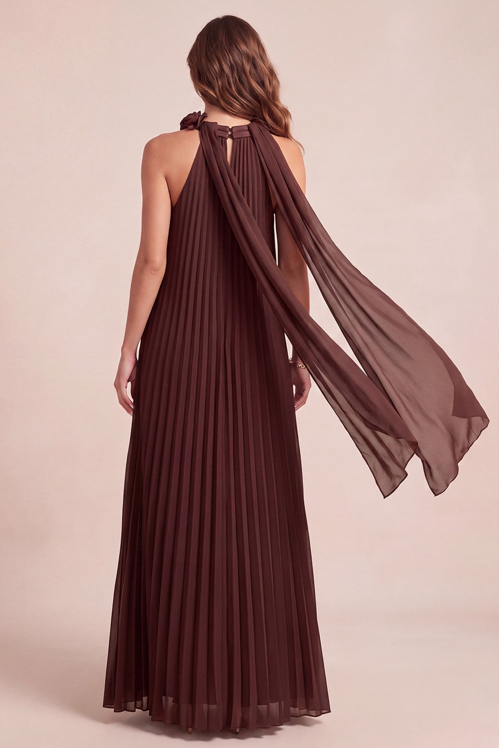 Chocolates Halter Pleated Long Chiffon Formal Dress with 3D Flowers