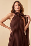 Chocolates Halter Pleated Long Chiffon Formal Dress with 3D Flowers