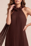 Chocolates Halter Pleated Long Chiffon Formal Dress with 3D Flowers