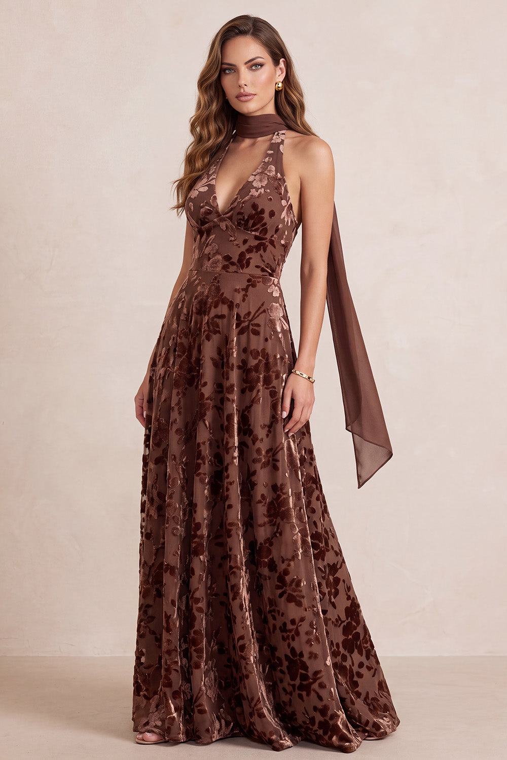Chocolates Halter A-Line Floral Long Velvet Holiday Dress with Neck Scarf