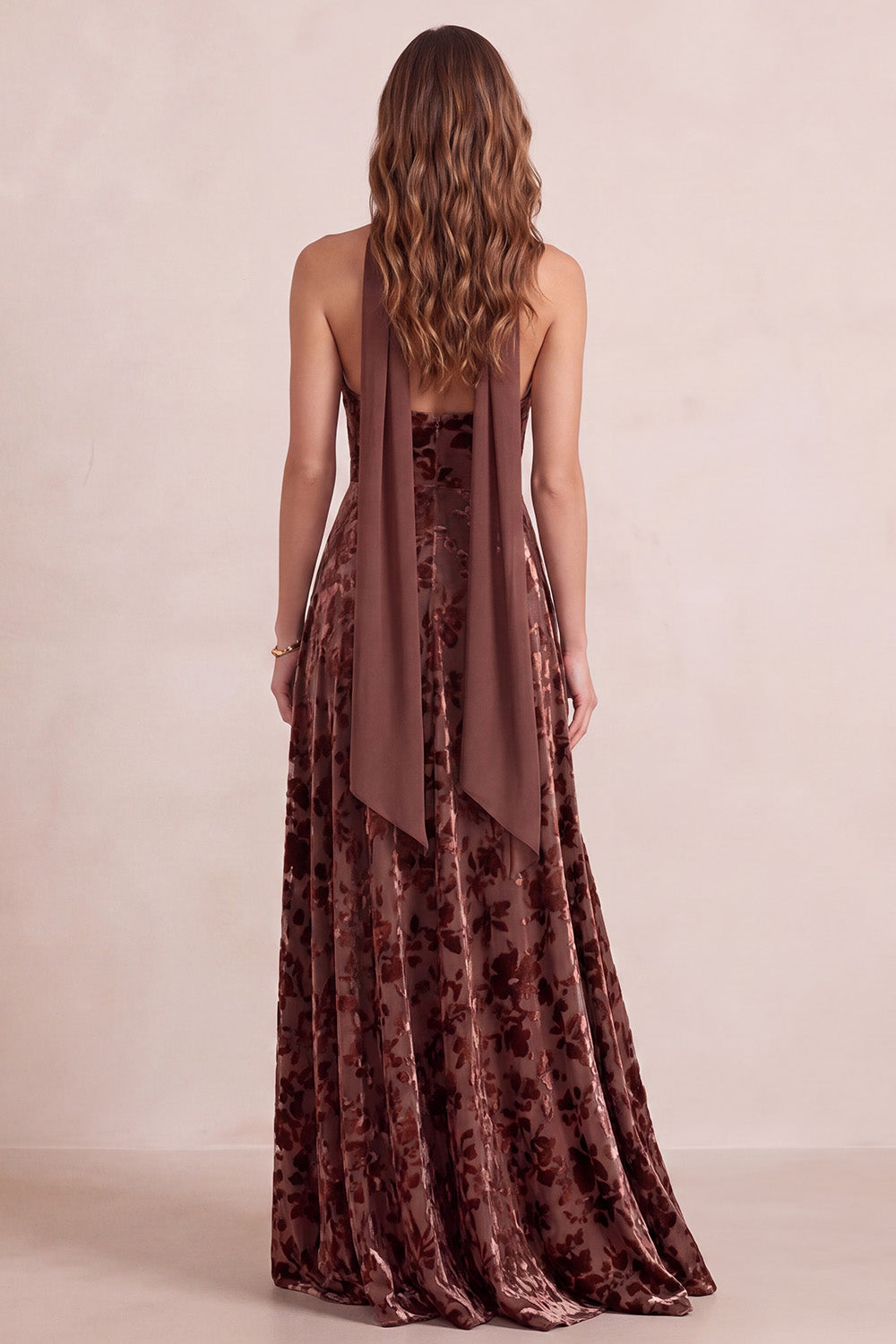 Chocolates Halter A-Line Floral Long Velvet Holiday Dress with Neck Scarf