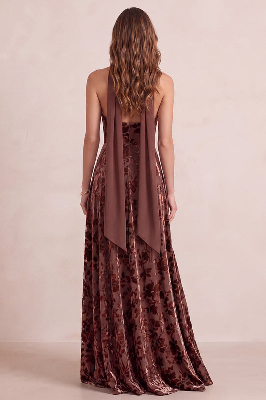 Chocolates Halter A-Line Floral Long Velvet Holiday Dress with Neck Scarf