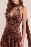 Chocolates Halter A-Line Floral Long Velvet Holiday Dress with Neck Scarf