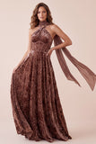Chocolates Corset Floral Halter Long Velvet Holiday Dress with Neck Scarf