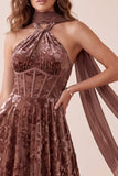 Chocolates Corset Floral Halter Long Velvet Holiday Dress with Neck Scarf