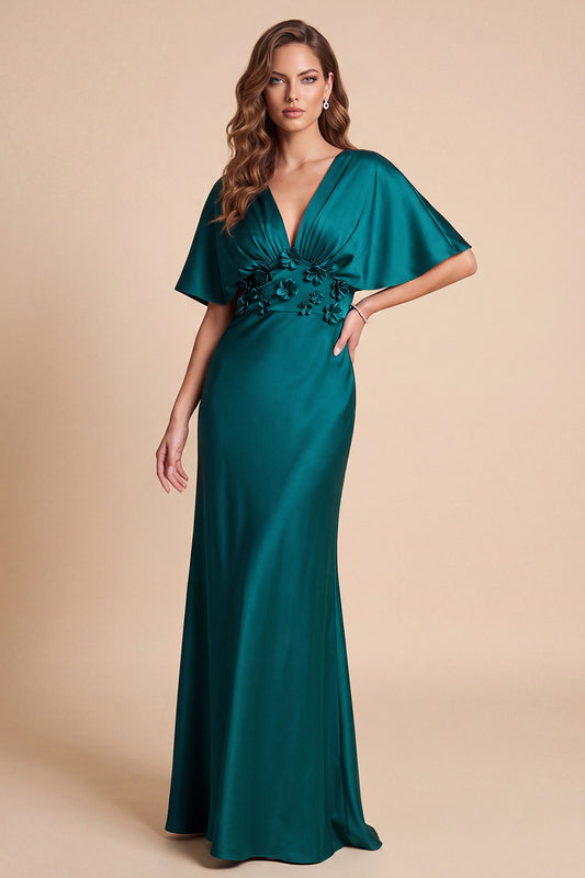 Peacock Green Satin V-Neck Ruched Long Formal Dress with 3D Flowers