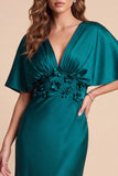 Peacock Green Satin V-Neck Ruched Long Formal Dress with 3D Flowers