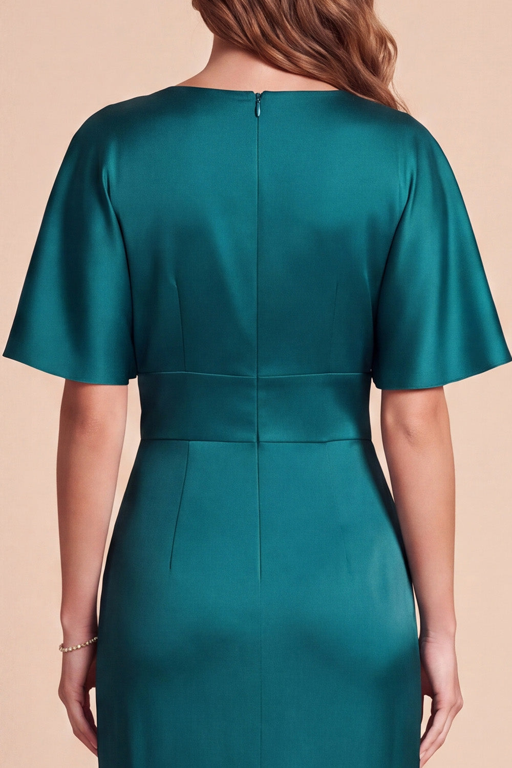 Peacock Green Satin V-Neck Ruched Long Formal Dress with 3D Flowers
