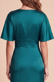 Peacock Green Satin V-Neck Ruched Long Formal Dress with 3D Flowers