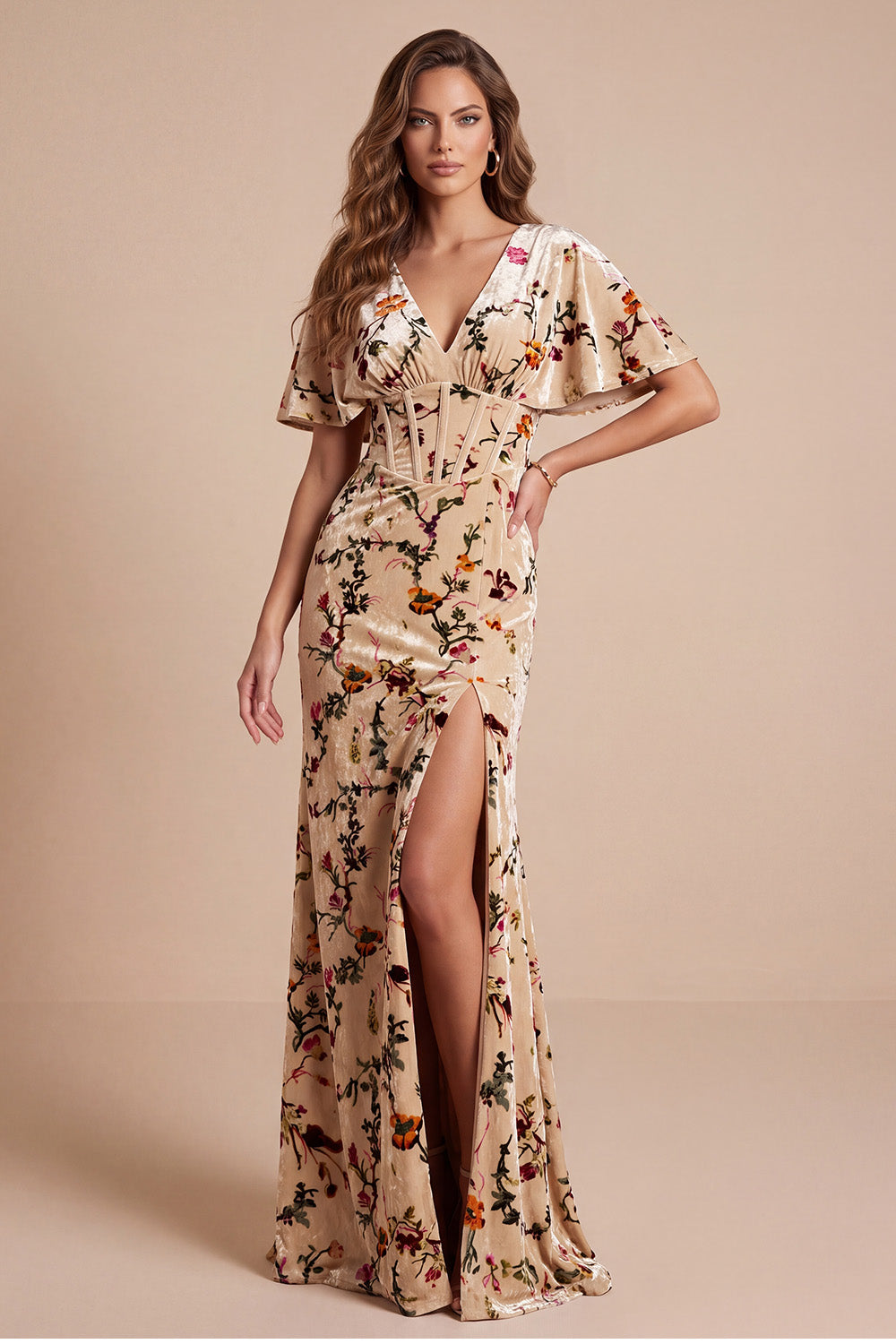 Champagne Corset V-Neck Sheath Floral Long Velvet Holiday Dress with Slit