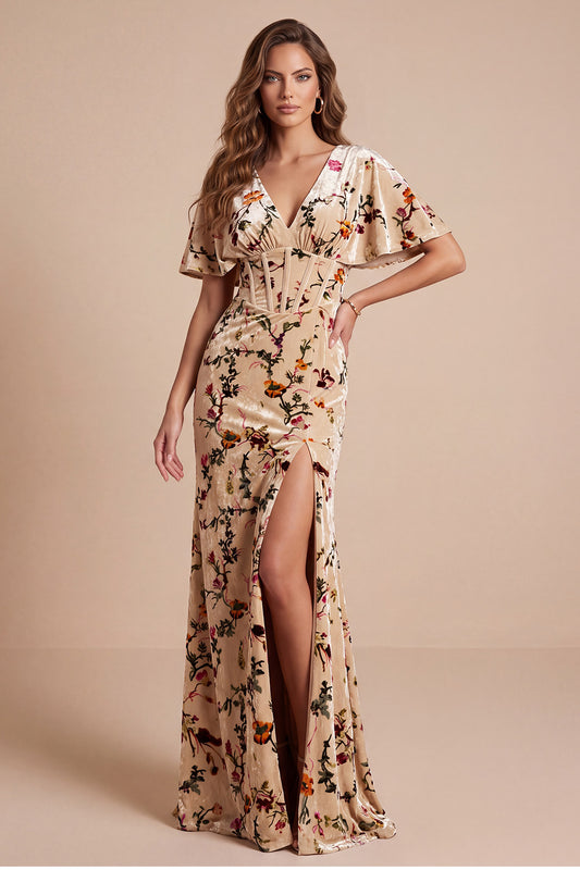 Champagne Corset V-Neck Sheath Floral Long Velvet Holiday Dress with Slit