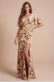 Champagne Corset V-Neck Sheath Floral Long Velvet Holiday Dress with Slit