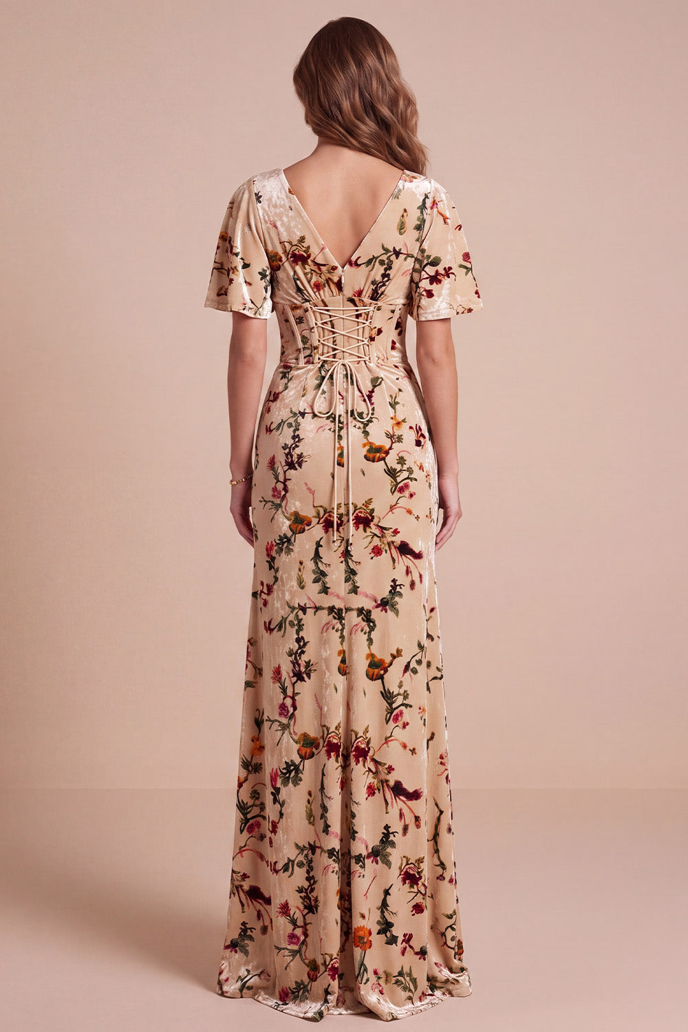 Champagne Corset V-Neck Sheath Floral Long Velvet Holiday Dress with Slit