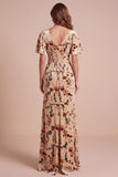 Champagne Corset V-Neck Sheath Floral Long Velvet Holiday Dress with Slit