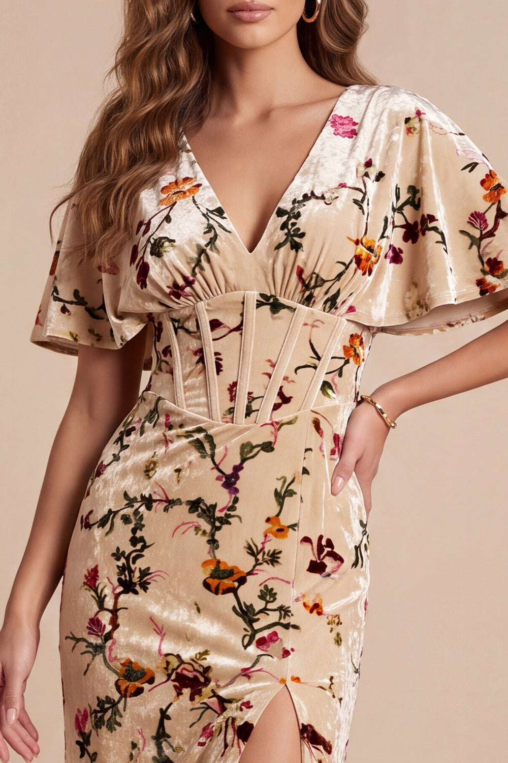 Champagne Corset V-Neck Sheath Floral Long Velvet Holiday Dress with Slit
