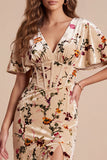 Champagne Corset V-Neck Sheath Floral Long Velvet Holiday Dress with Slit