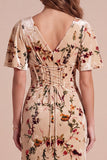 Champagne Corset V-Neck Sheath Floral Long Velvet Holiday Dress with Slit