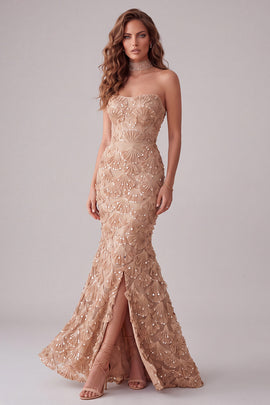 Sparkly Champagne Floral Mermaid Sequins Long Formal Dress with Slit