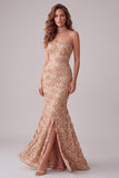 Sparkly Champagne Floral Mermaid Sequins Long Formal Dress with Slit