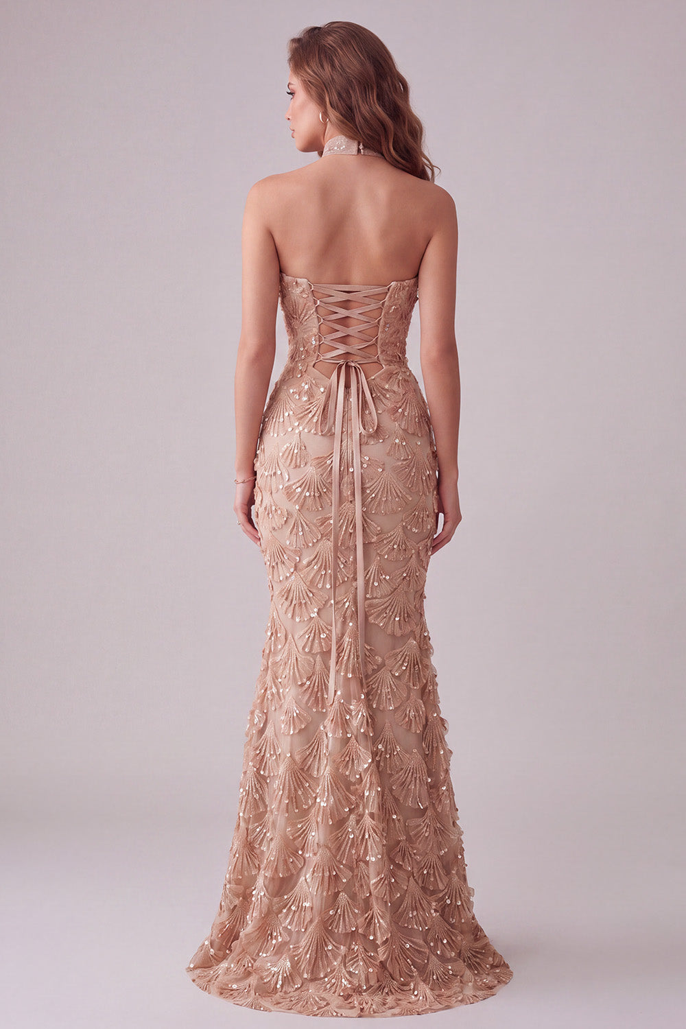 Sparkly Champagne Floral Mermaid Sequins Long Formal Dress with Slit