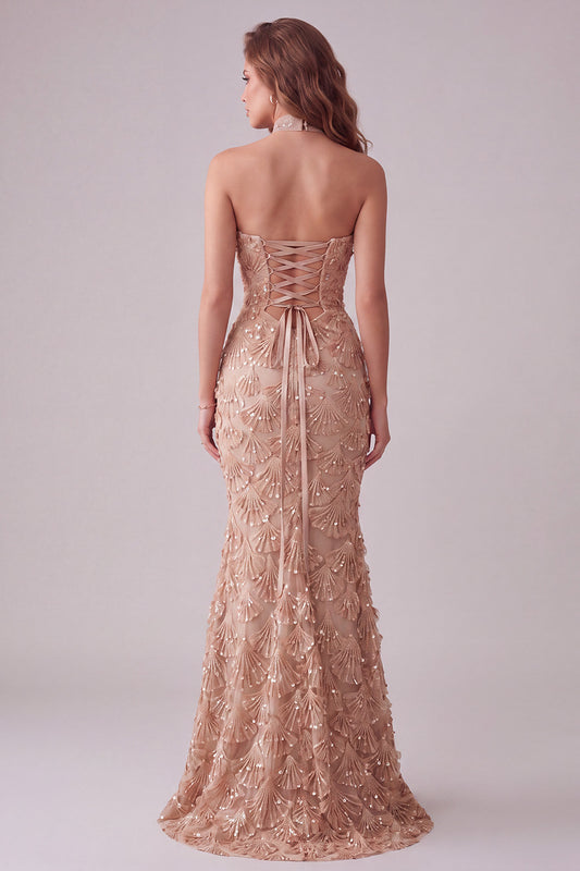 Sparkly Champagne Floral Mermaid Sequins Long Formal Dress with Slit