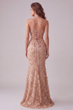 Sparkly Champagne Floral Mermaid Sequins Long Formal Dress with Slit