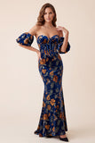 Dark Blue Corset Floral Mermaid Sweetheart Long Velvet Formal Dress