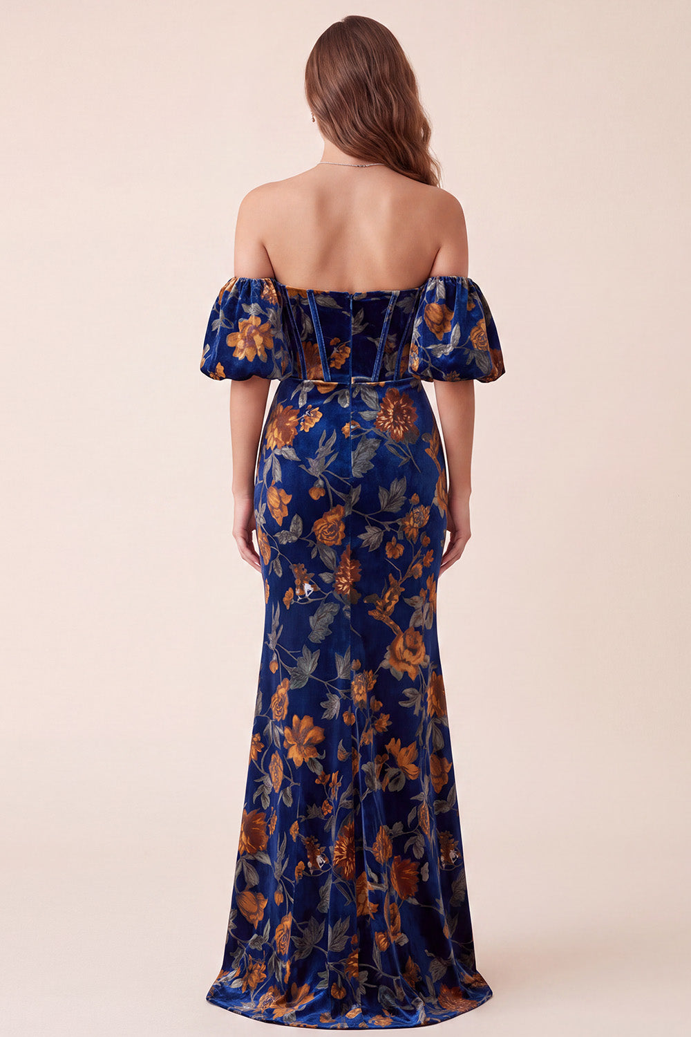 Dark Blue Corset Floral Mermaid Sweetheart Long Velvet Formal Dress