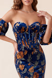 Dark Blue Corset Floral Mermaid Sweetheart Long Velvet Formal Dress