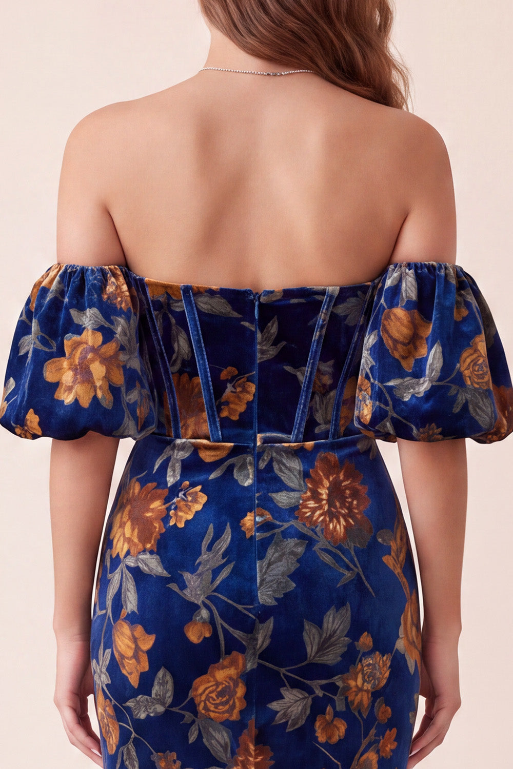 Dark Blue Corset Floral Mermaid Sweetheart Long Velvet Formal Dress