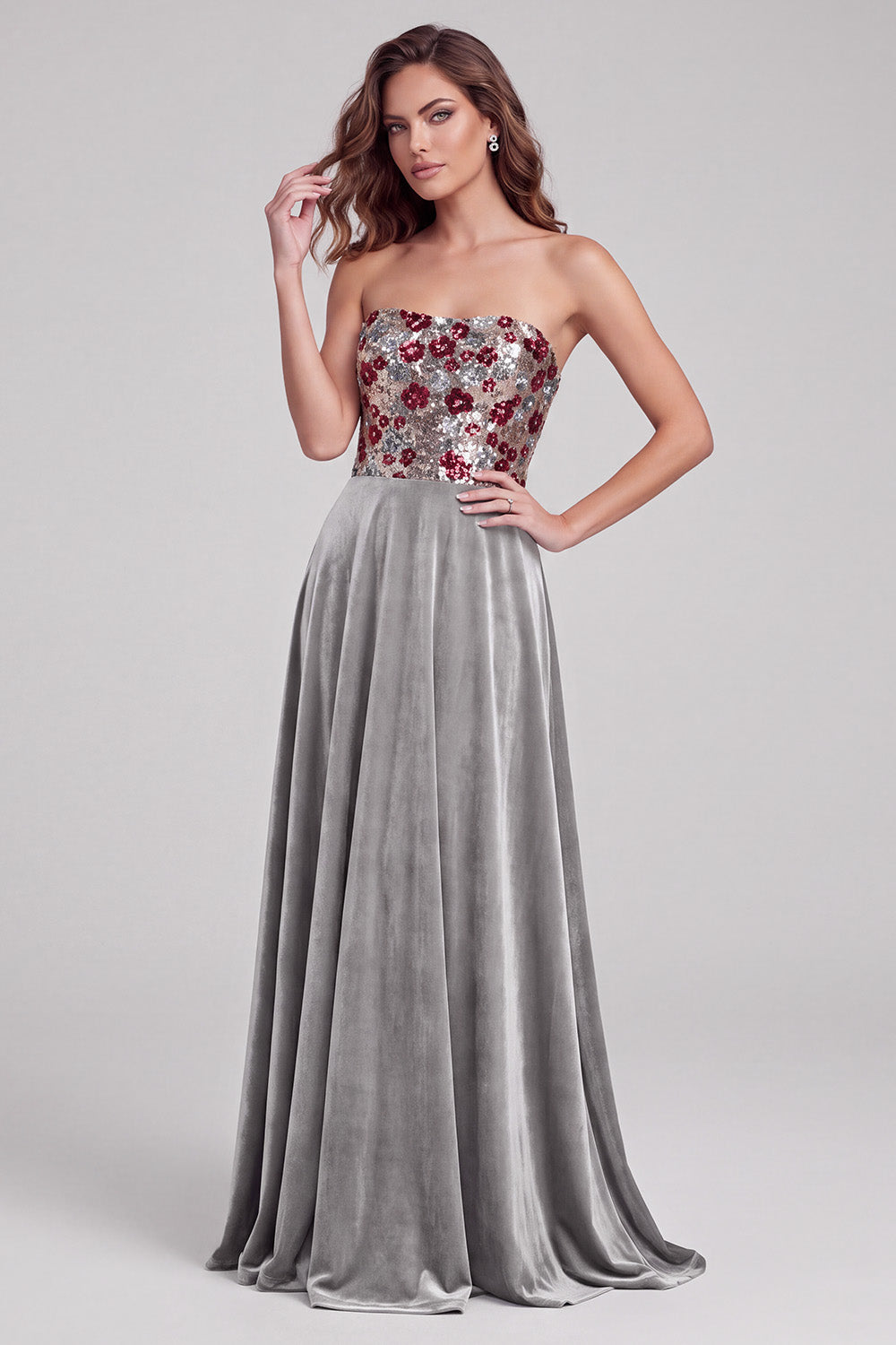 Sparkly Grey A-Line Strapless Floral Sequins Long Velvet Formal Dress