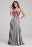 Sparkly Grey A-Line Strapless Floral Sequins Long Velvet Formal Dress