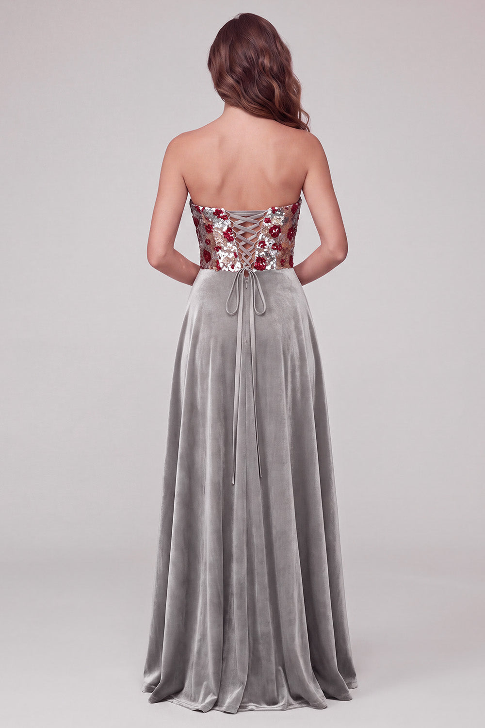 Sparkly Grey A-Line Strapless Floral Sequins Long Velvet Formal Dress
