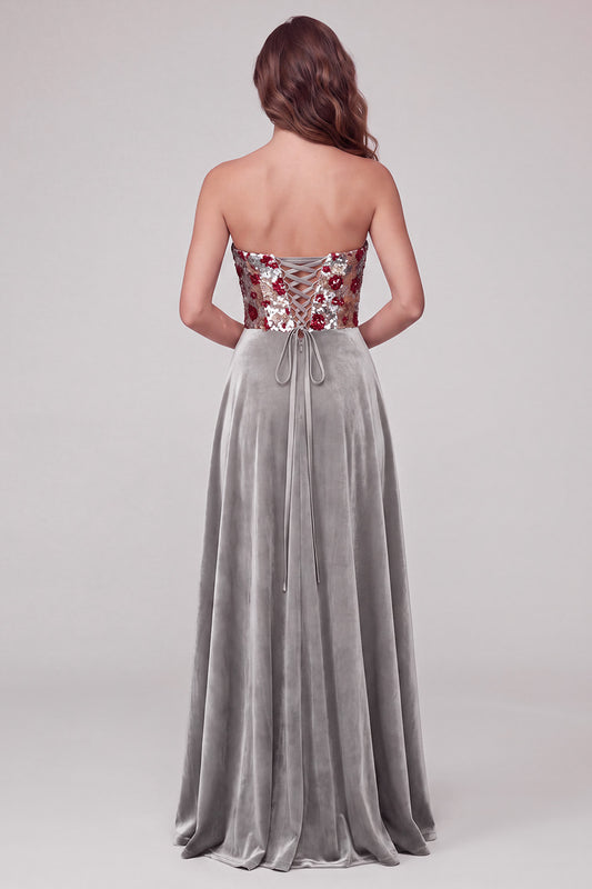 Sparkly Grey A-Line Strapless Floral Sequins Long Velvet Formal Dress