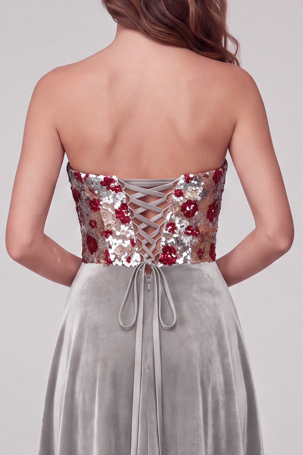 Sparkly Grey A-Line Strapless Floral Sequins Long Velvet Formal Dress
