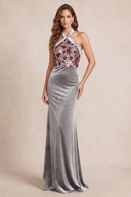 Sparkly Grey Mermaid Floral Halter Sequins Long Velvet Formal Dress