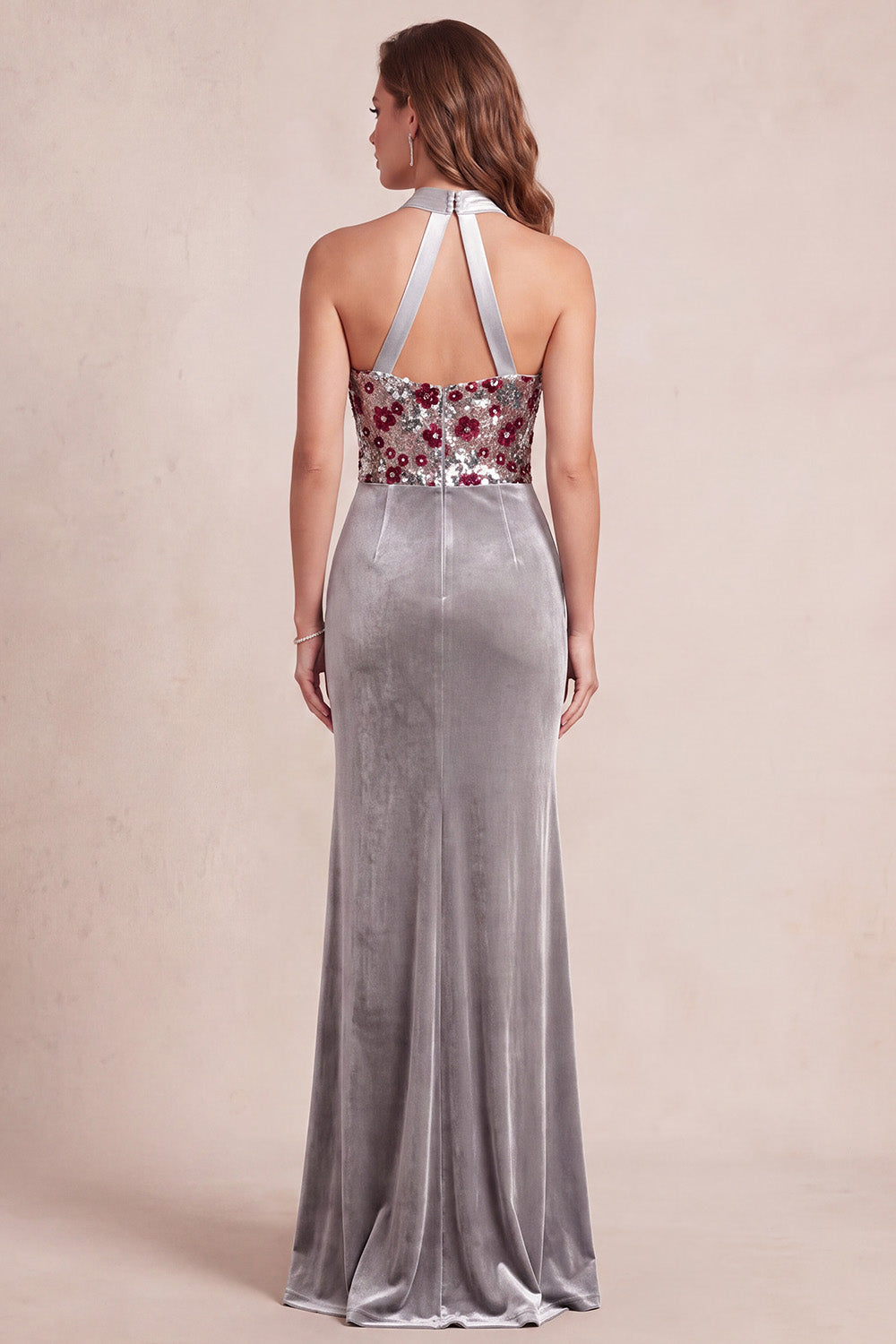 Sparkly Grey Mermaid Floral Halter Sequins Long Velvet Formal Dress