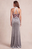 Sparkly Grey Mermaid Floral Halter Sequins Long Velvet Formal Dress