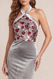 Sparkly Grey Mermaid Floral Halter Sequins Long Velvet Formal Dress