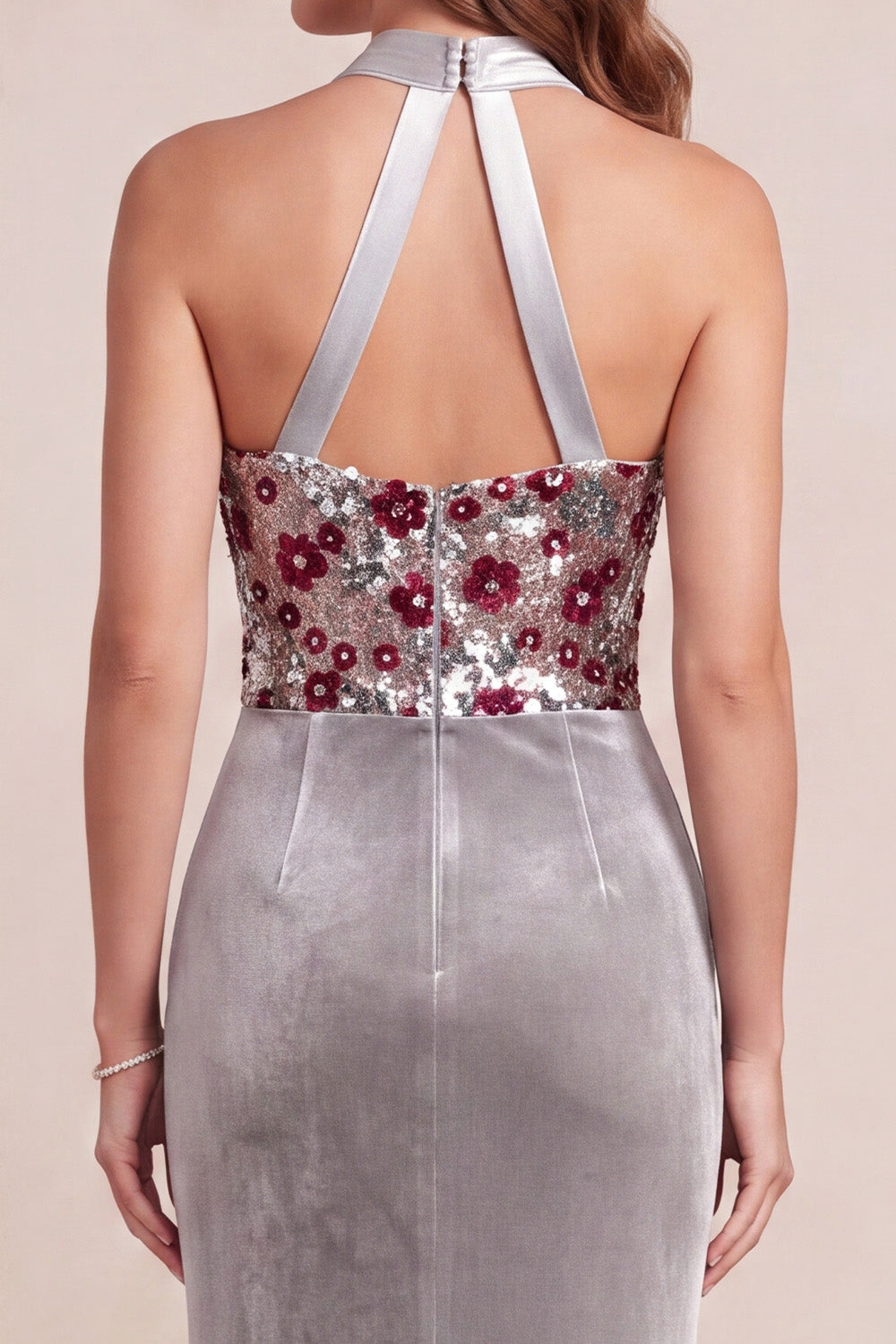 Sparkly Grey Mermaid Floral Halter Sequins Long Velvet Formal Dress