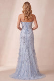 Sparkly Dusty Blue Mermaid Floral Beaded Long Formal Dress with Slit
