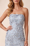 Sparkly Dusty Blue Mermaid Floral Beaded Long Formal Dress with Slit
