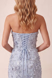 Sparkly Dusty Blue Mermaid Floral Beaded Long Formal Dress with Slit